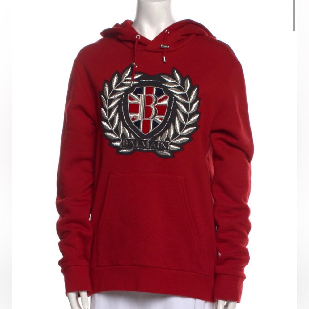 Balmain Red Hooded Sweatshirt with Embroidered Crest